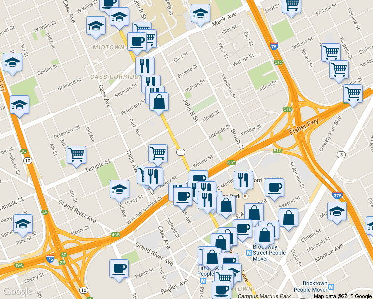 map of restaurants, bars, coffee shops, grocery stores, and more near 45 Adelaide Street in Detroit