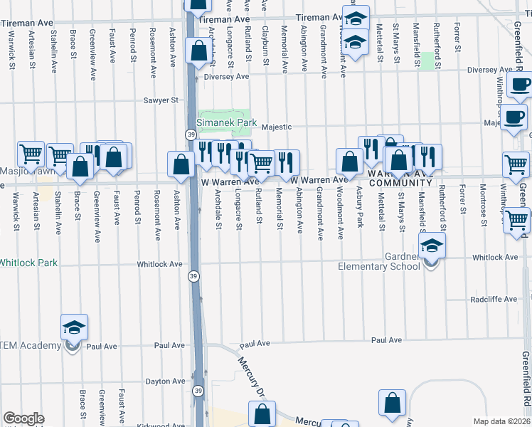 map of restaurants, bars, coffee shops, grocery stores, and more near 6857 Rutland Street in Detroit