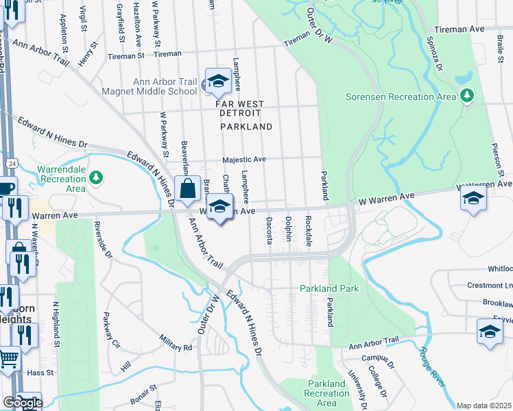map of restaurants, bars, coffee shops, grocery stores, and more near 22302 West Warren Avenue in Detroit