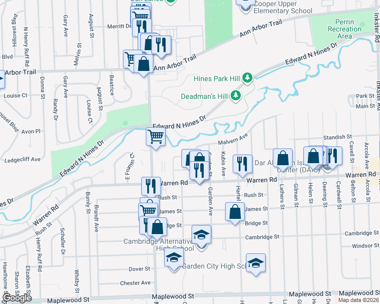map of restaurants, bars, coffee shops, grocery stores, and more near 7448 Central Street in Westland