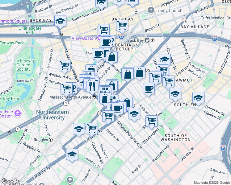 map of restaurants, bars, coffee shops, grocery stores, and more near 525 A Columbus Avenue in Boston