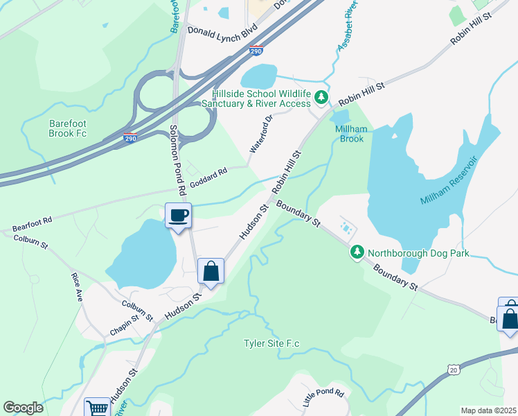 map of restaurants, bars, coffee shops, grocery stores, and more near 401 Hudson Street in Northborough