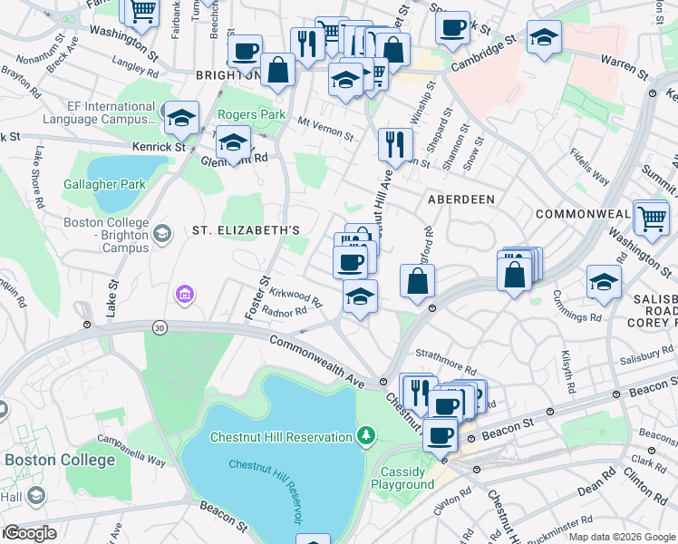 map of restaurants, bars, coffee shops, grocery stores, and more near 11 Embassy Road in Boston