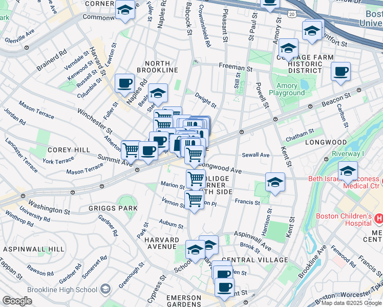 map of restaurants, bars, coffee shops, grocery stores, and more near in Brookline