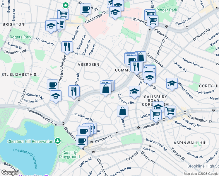 map of restaurants, bars, coffee shops, grocery stores, and more near 1691 Commonwealth Avenue in Boston