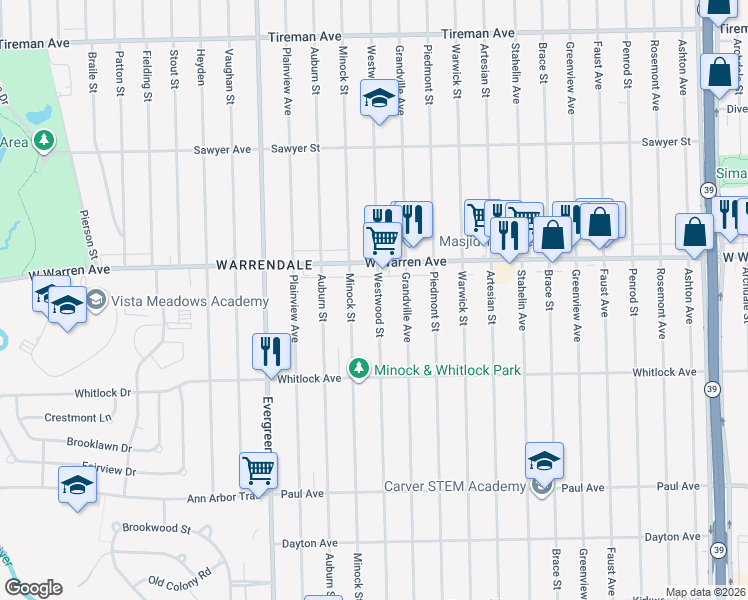 map of restaurants, bars, coffee shops, grocery stores, and more near 6873 Westwood St in Detroit