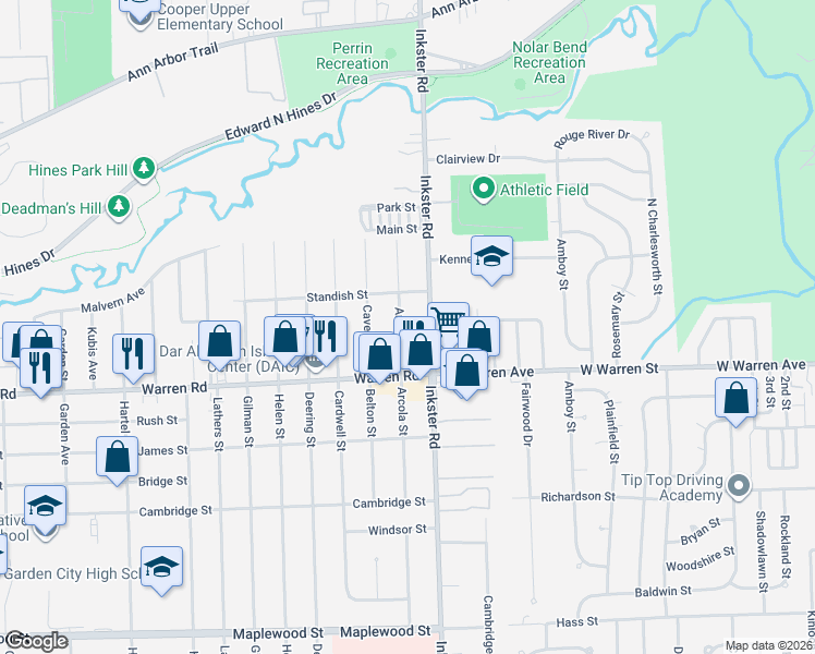 map of restaurants, bars, coffee shops, grocery stores, and more near 7360 Arcola Street in Westland