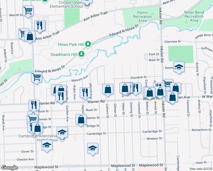 map of restaurants, bars, coffee shops, grocery stores, and more near 7404 Lathers Street in Westland