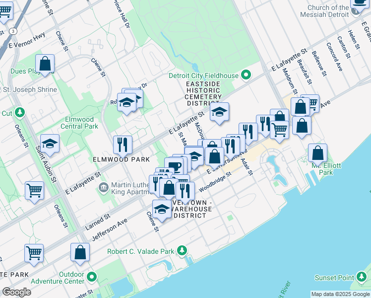 map of restaurants, bars, coffee shops, grocery stores, and more near 685 Saint Maron Place in Detroit
