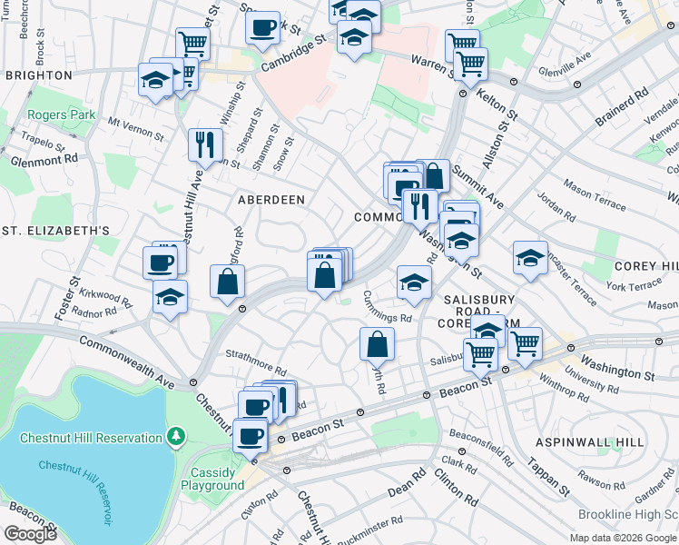 map of restaurants, bars, coffee shops, grocery stores, and more near 1691 Commonwealth Avenue in Boston