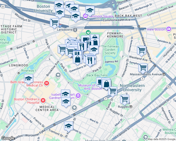 map of restaurants, bars, coffee shops, grocery stores, and more near 117 Park Drive in Boston