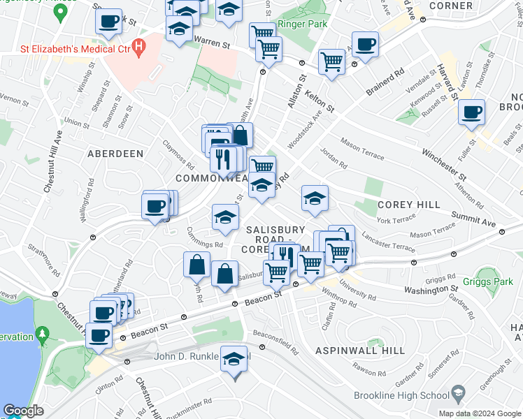 map of restaurants, bars, coffee shops, grocery stores, and more near in Boston