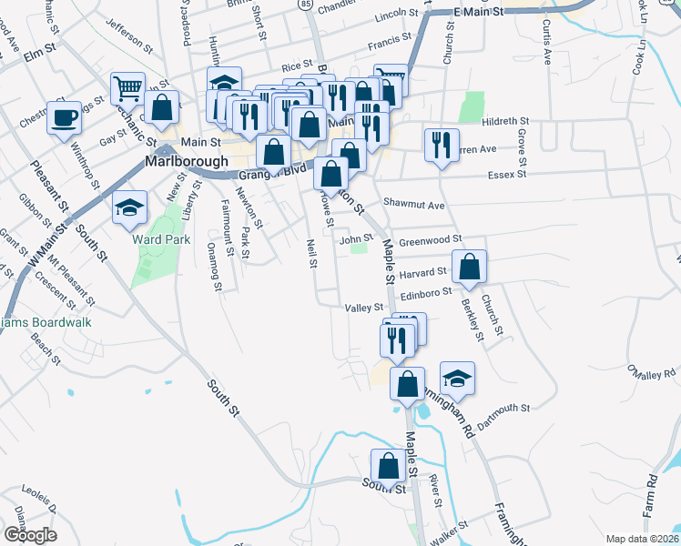 map of restaurants, bars, coffee shops, grocery stores, and more near 139 Howe Street in Marlborough