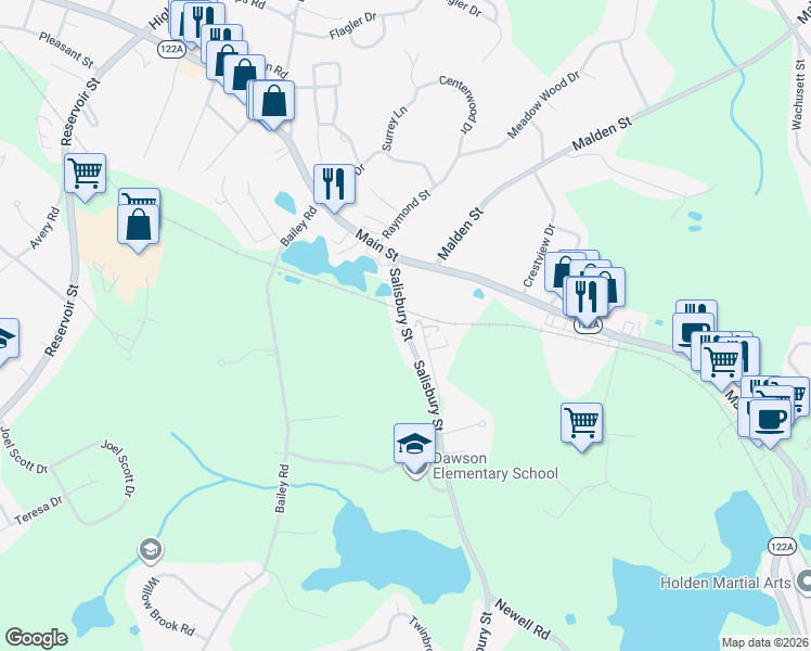map of restaurants, bars, coffee shops, grocery stores, and more near 54 Salisbury Street in Holden