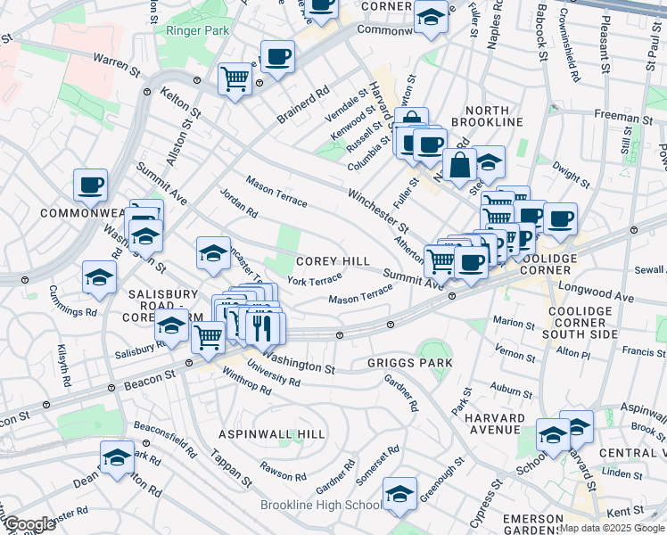 map of restaurants, bars, coffee shops, grocery stores, and more near 122 Summit Avenue in Brookline