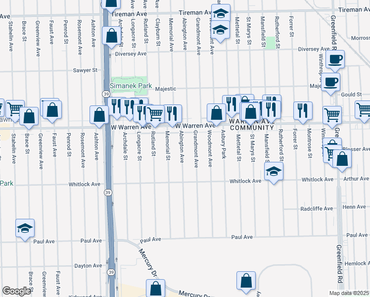 map of restaurants, bars, coffee shops, grocery stores, and more near 6850 Abington Avenue in Detroit
