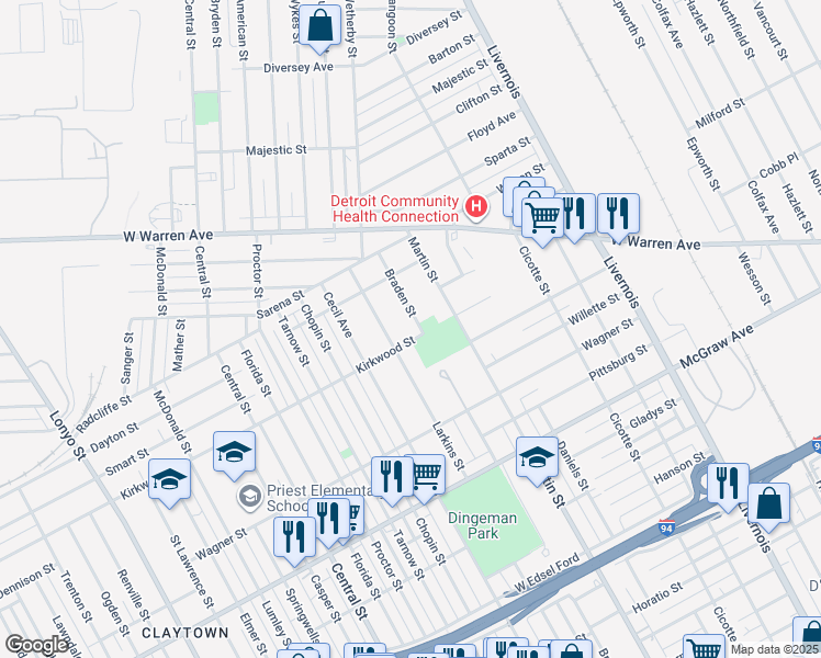 map of restaurants, bars, coffee shops, grocery stores, and more near 6023 Braden Street in Detroit