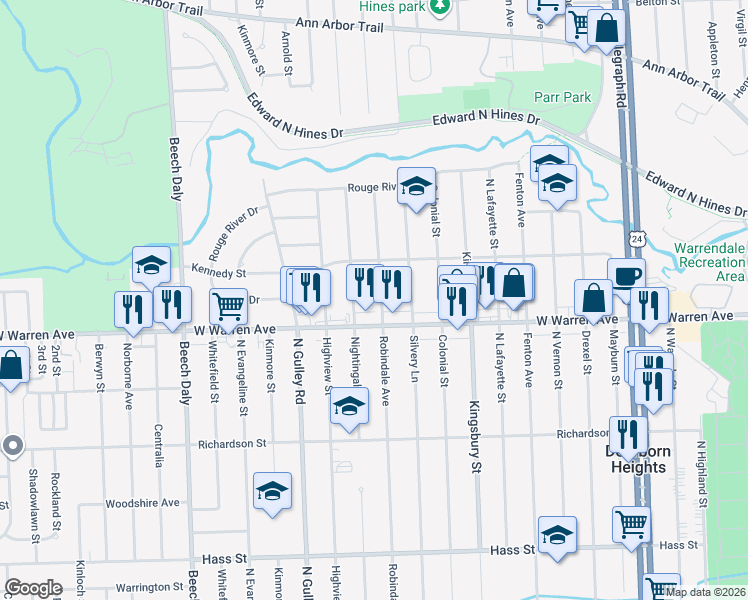 map of restaurants, bars, coffee shops, grocery stores, and more near 7251 Robindale Avenue in Dearborn Heights