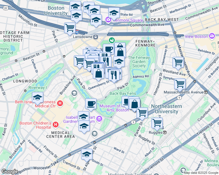 map of restaurants, bars, coffee shops, grocery stores, and more near 111 Park Drive in Boston