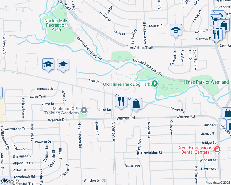 map of restaurants, bars, coffee shops, grocery stores, and more near 7510 North Venoy Road in Westland