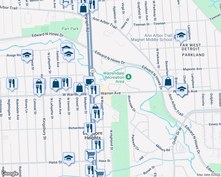 map of restaurants, bars, coffee shops, grocery stores, and more near 23786 West Warren Street in Dearborn Heights