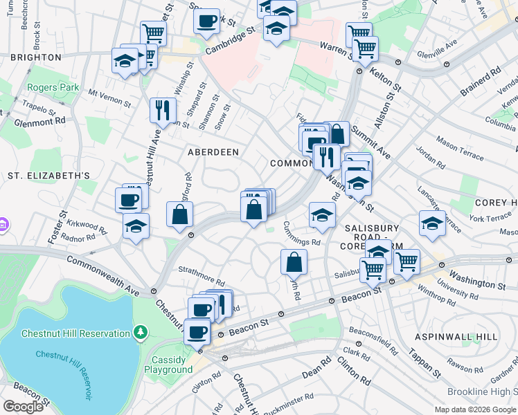 map of restaurants, bars, coffee shops, grocery stores, and more near 1691 Commonwealth Avenue in Boston