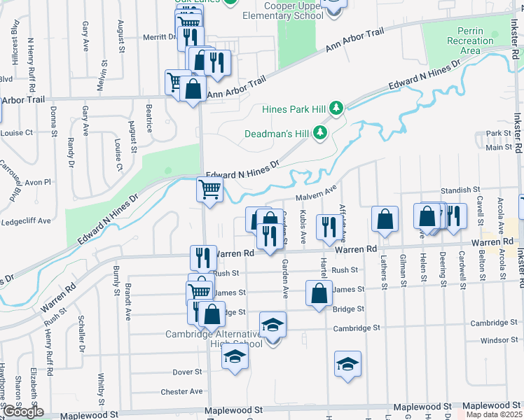 map of restaurants, bars, coffee shops, grocery stores, and more near 7448 Central Street in Westland