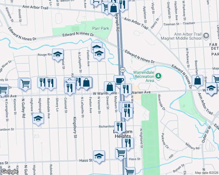 map of restaurants, bars, coffee shops, grocery stores, and more near 7236 Drexel Street in Dearborn Heights