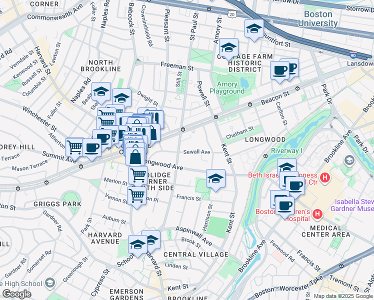 map of restaurants, bars, coffee shops, grocery stores, and more near 102 Sewall Avenue in Brookline