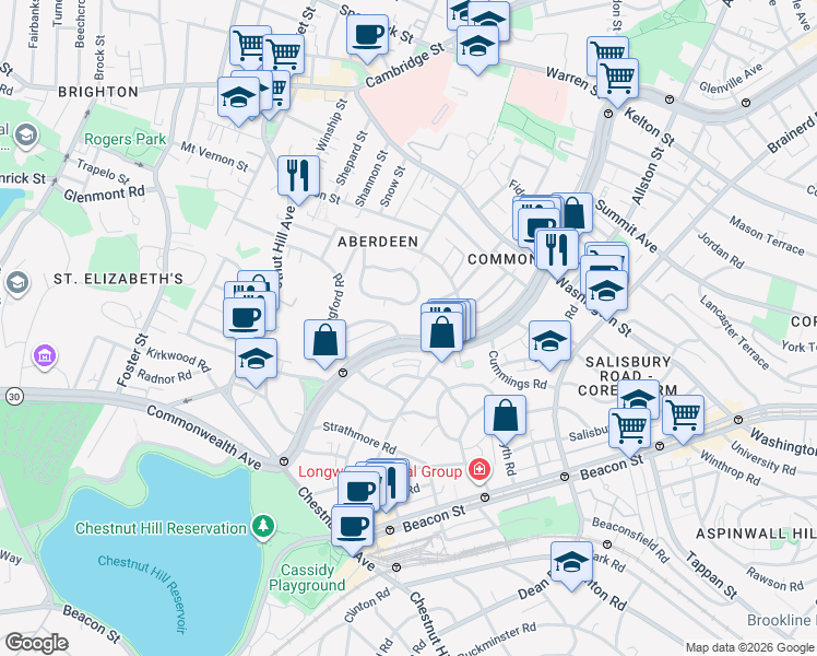 map of restaurants, bars, coffee shops, grocery stores, and more near 1713-1715 Commonwealth Avenue in Boston