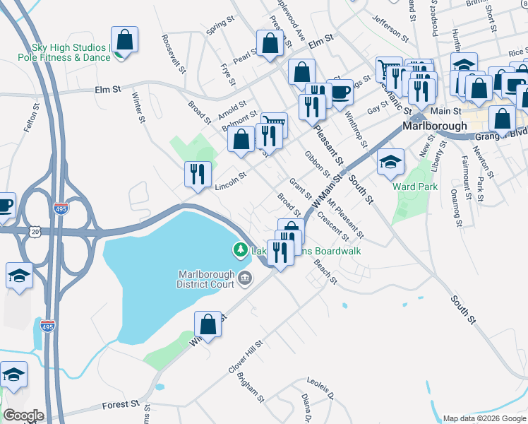 map of restaurants, bars, coffee shops, grocery stores, and more near 18 Saint Mary's Way in Marlborough