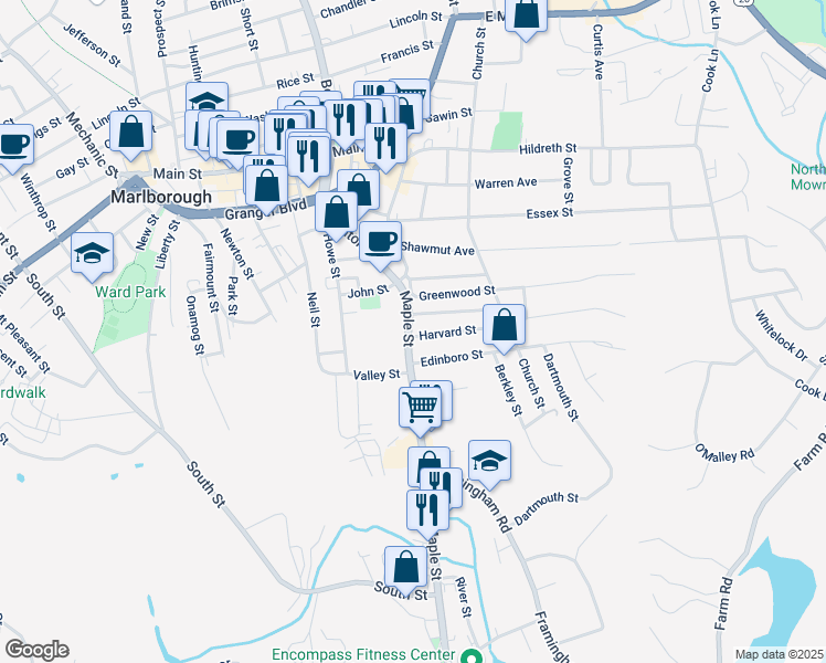 map of restaurants, bars, coffee shops, grocery stores, and more near 146 Maple St in Marlborough