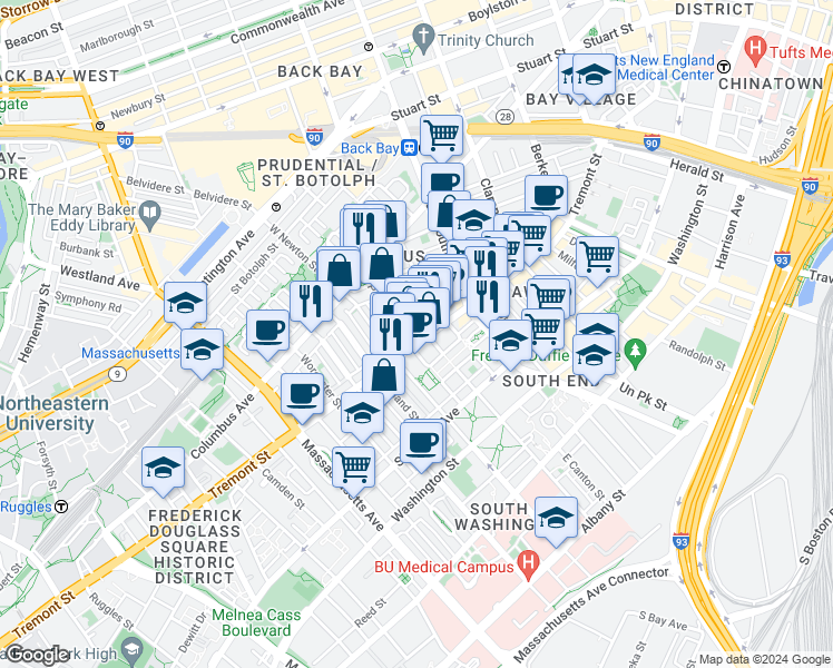 map of restaurants, bars, coffee shops, grocery stores, and more near 661 Tremont Street in Boston
