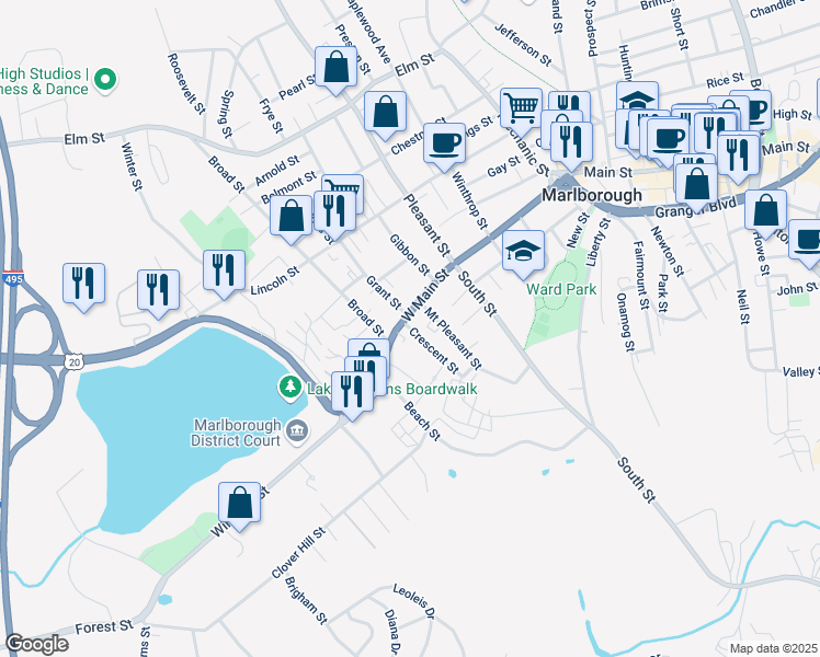 map of restaurants, bars, coffee shops, grocery stores, and more near 16 Crescent Street in Marlborough