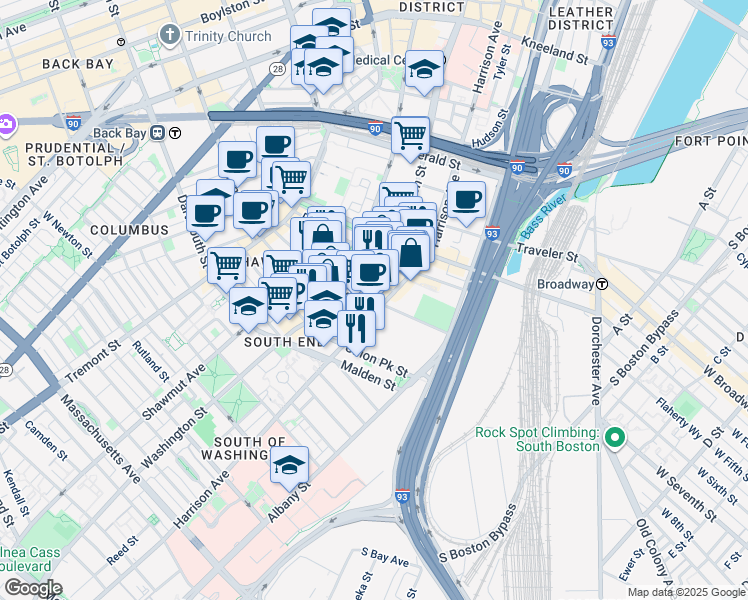 map of restaurants, bars, coffee shops, grocery stores, and more near 485 Harrison Avenue in Boston
