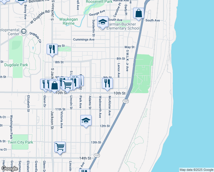 map of restaurants, bars, coffee shops, grocery stores, and more near 924 South McAlister Avenue in Waukegan