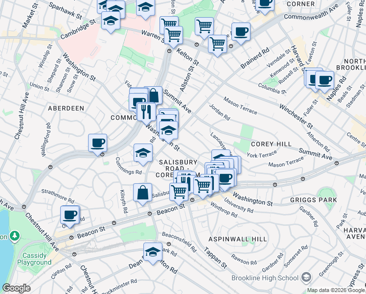 map of restaurants, bars, coffee shops, grocery stores, and more near 28 Bartlett Crescent in Brookline