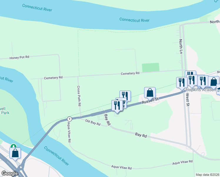 map of restaurants, bars, coffee shops, grocery stores, and more near 35 Cemetery Road in Hadley