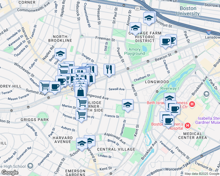 map of restaurants, bars, coffee shops, grocery stores, and more near 102 Sewall Avenue in Brookline