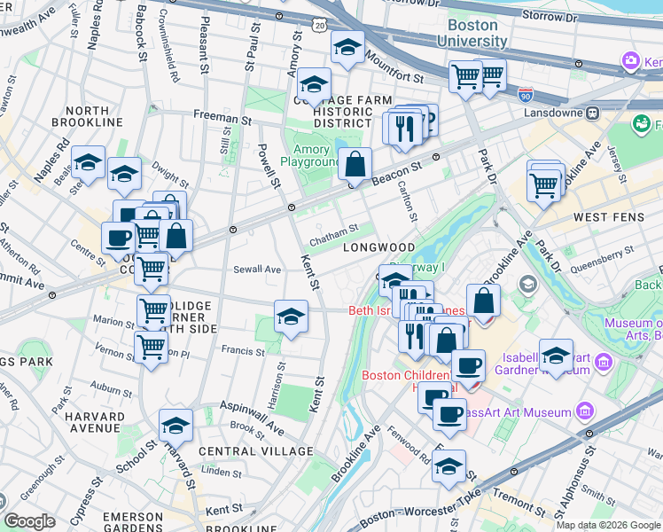 map of restaurants, bars, coffee shops, grocery stores, and more near 101 Colchester Street in Brookline