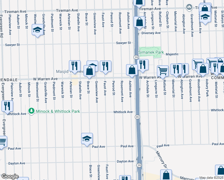 map of restaurants, bars, coffee shops, grocery stores, and more near 6863 Penrod St in Detroit
