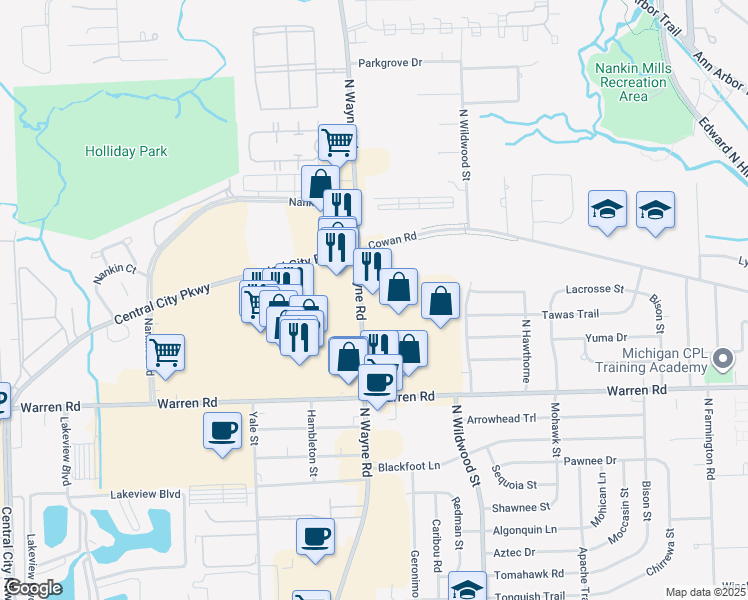 map of restaurants, bars, coffee shops, grocery stores, and more near 7520 North Wayne Road in Westland