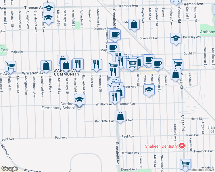 map of restaurants, bars, coffee shops, grocery stores, and more near 6839 Winthrop Street in Detroit