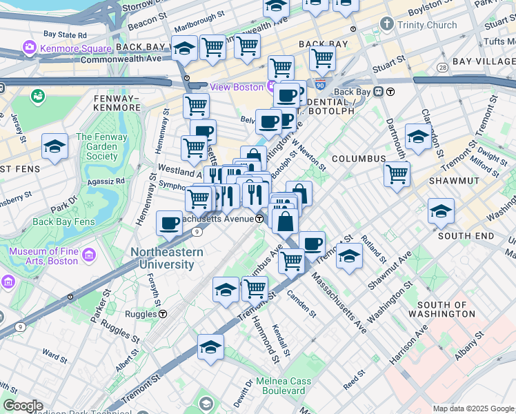 map of restaurants, bars, coffee shops, grocery stores, and more near 352 Massachusetts Avenue in Boston