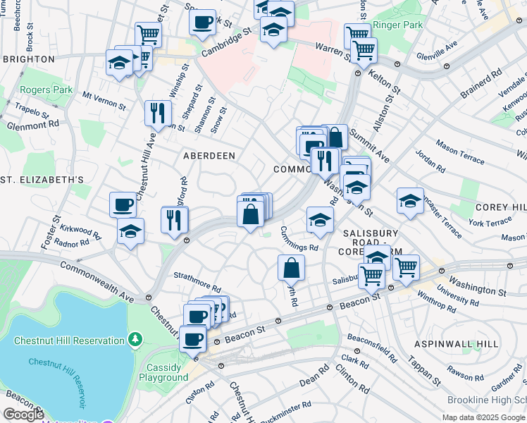 map of restaurants, bars, coffee shops, grocery stores, and more near 1691 Commonwealth Avenue in Boston