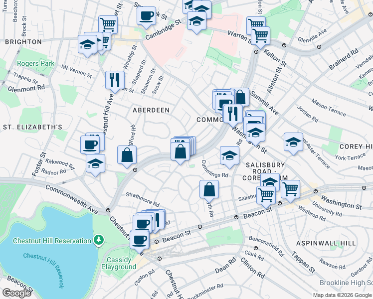map of restaurants, bars, coffee shops, grocery stores, and more near 1691 Commonwealth Avenue in Boston