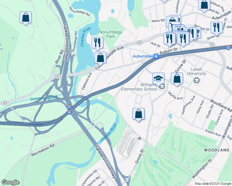 map of restaurants, bars, coffee shops, grocery stores, and more near 132 Charles Street in Newton
