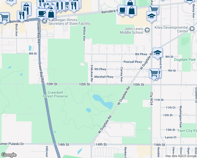 map of restaurants, bars, coffee shops, grocery stores, and more near 2415 Marshall Parkway in Waukegan