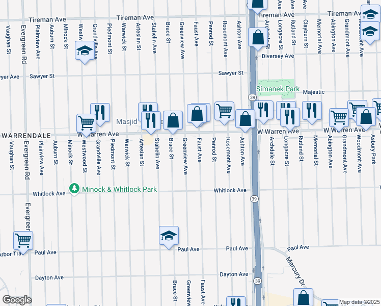 map of restaurants, bars, coffee shops, grocery stores, and more near 6866 Greenview Avenue in Detroit