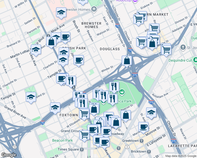 map of restaurants, bars, coffee shops, grocery stores, and more near 276 Winder Street in Detroit